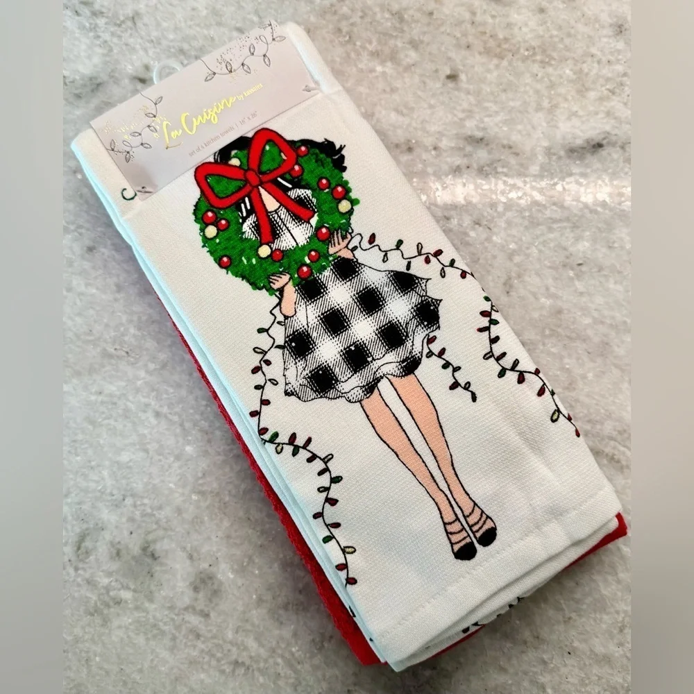 New Christmas Lady w/ Wreath & Buffalo Check Dress Kitchen Hand Towels Set of 4